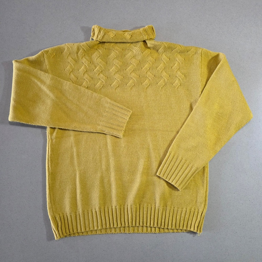 Vintage Mustard Yellow Cable Knit Yoke Turtleneck Sweater Ochre Long Sleeve L